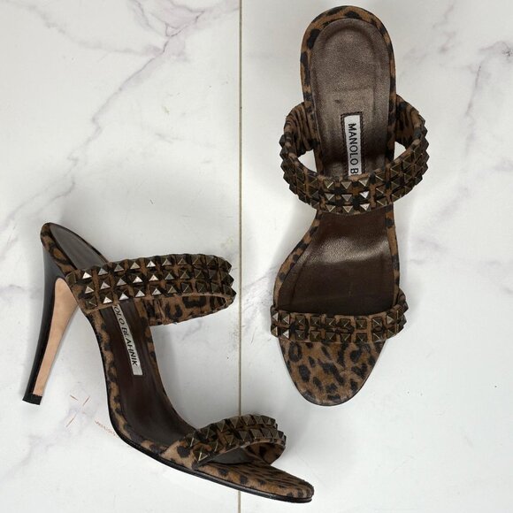 Manolo Blahnik HARLEY 105mm Leopard Print Studded Slide Mules High Heels 36.5 - Picture 1 of 11